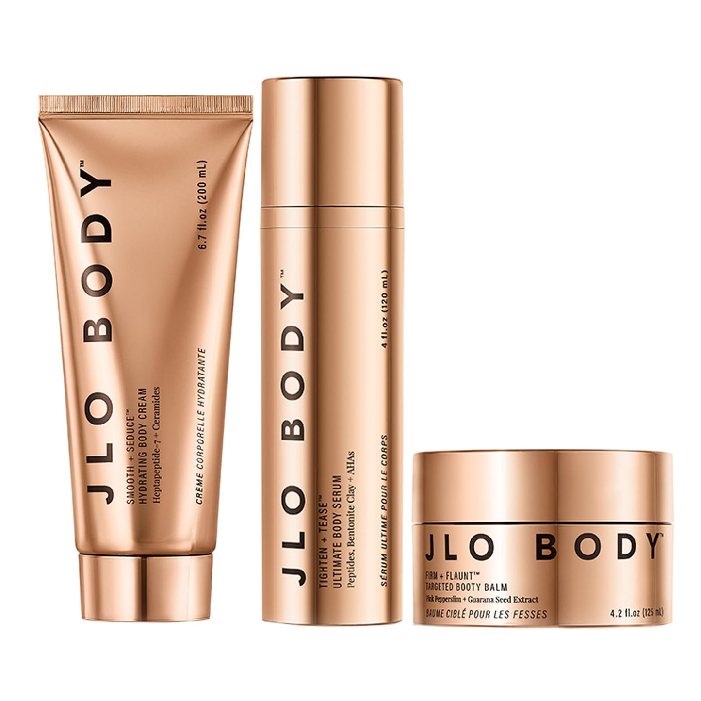 JLO BEAUTY The Ultimate Body Trio | Includes 4.2 fl oz Booty Balm, 4 fl oz Body Serum & 6.7 fl oz Body Cream | Firms for Smooth Skin